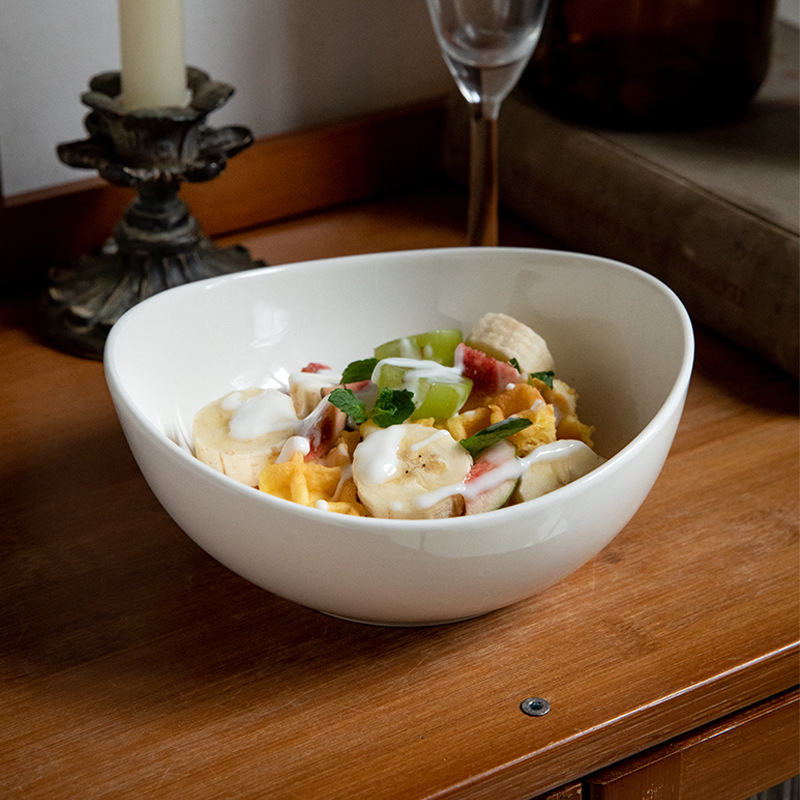 Alto color blanco de 7 pulgadas de forma especial tazón de cerámica de frutas ensalada tazón de restaurante en simple postre tazón exportación transfronteriza