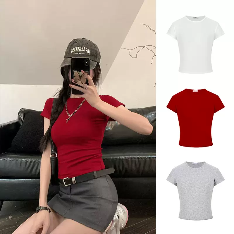 修身短袖T恤女2025夏季韩系休闲红色正肩打底衫外贸女装上衣时尚