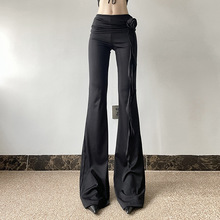 Y2K辣妹风低腰褶皱3D立体玫瑰设计感微喇裤2024街头潮流新款长裤