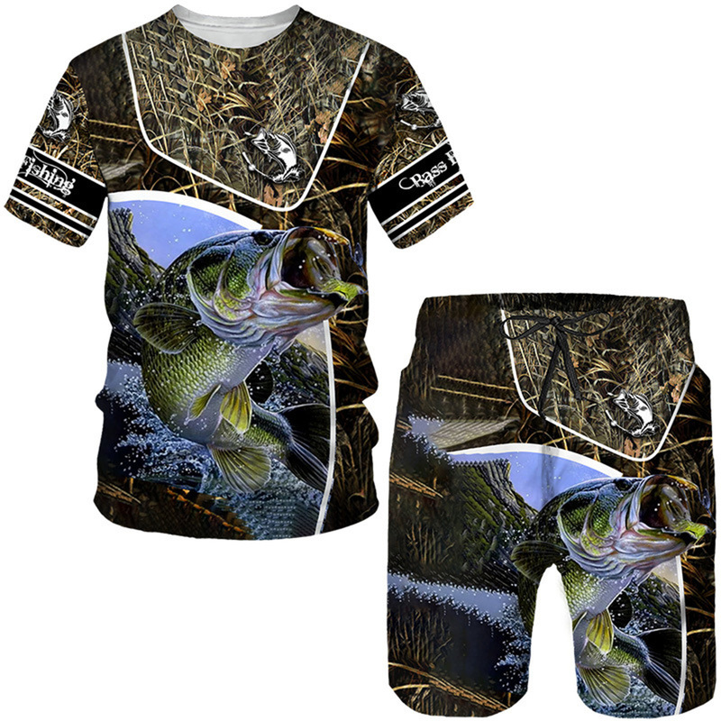 Cross-border foreign trade new men's short sleeve shorts suit fashion 3D digital fish printing men's beach leisure suit