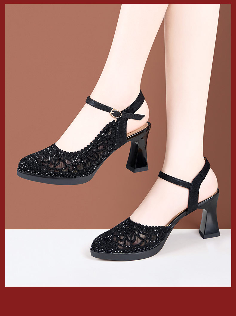 Sandal cao gót nữ đính đá vàng gót vuông rỗng 7 cm mẫu mới hè 2025 — Màu bạc 7cm, Màu vàng 7cm, Màu đen 7cm chi tiết 9
