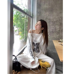 欧美跨境亚马逊美式绣花拼接花边斜肩长袖卫衣女早秋新款宽松上衣