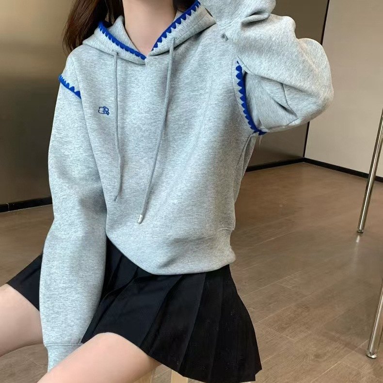 2024 Autumn and Winter New Hooded Sweatshirt for Women Aderh Korean Style Shell Embroidered Hoodie for Small People Loose Fake Two-Piece Jacket