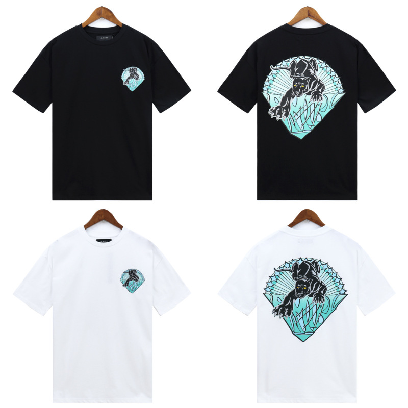 230G European and American Fashion Brand AMIRI Loose Short-sleeved Men's and Women's Printed Simple Panther Short-sleeved T-shirt on the front and back