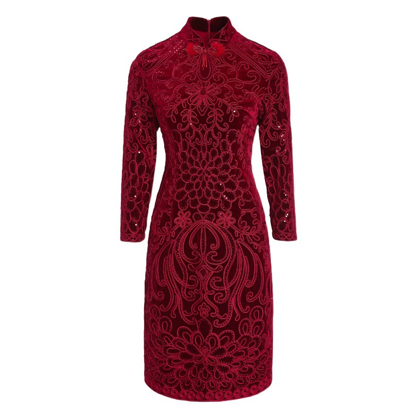 Шэньчжэньское бархатное платье для женщин среднего и старшего возраста, миниатюрное вечернее платье, наряд для свекрови, платье с вышивкой и пайетками, дропшиппинг