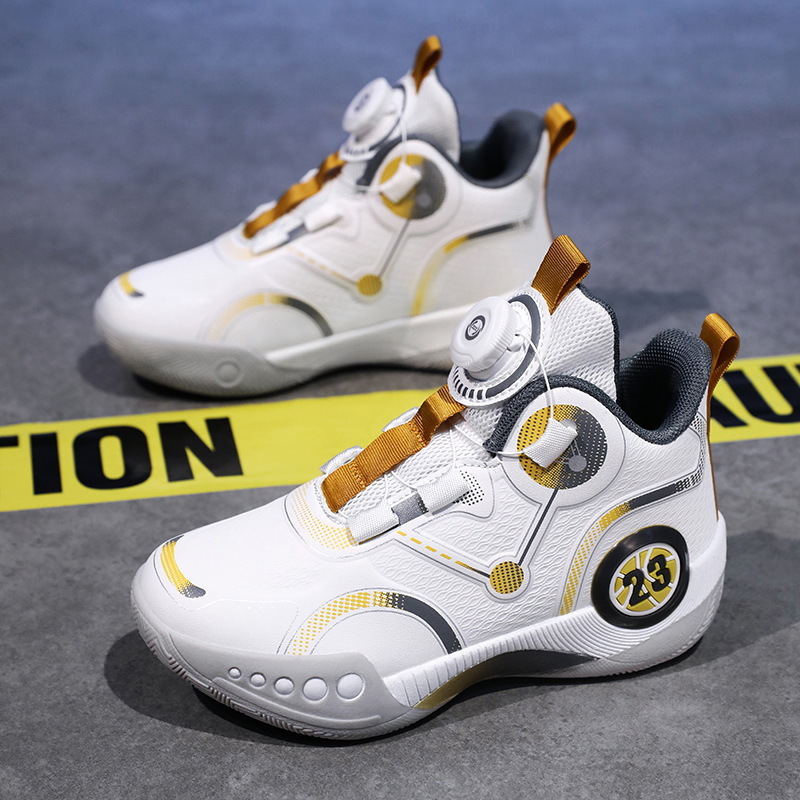 Children's Basketball Shoes 2024 Spring and Autumn Popular Boys' Practical Training Shoes Medium and Large Children's Anti-Slip Rotating Button Running Shoes