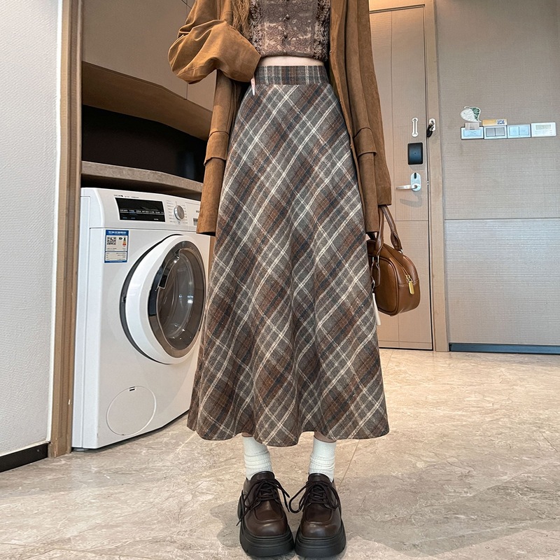 韩版毛呢格纹半身裙女2025秋冬新款格子高腰宽松显瘦中长款a字裙|undefined