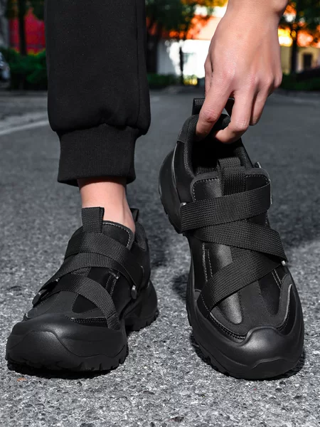 2604 Men's Dad Shoes Fashion Sneakers Spring and Autumn Low-Top Leather Thick-Soled Outdoor Pure Black Running Casual Shoes