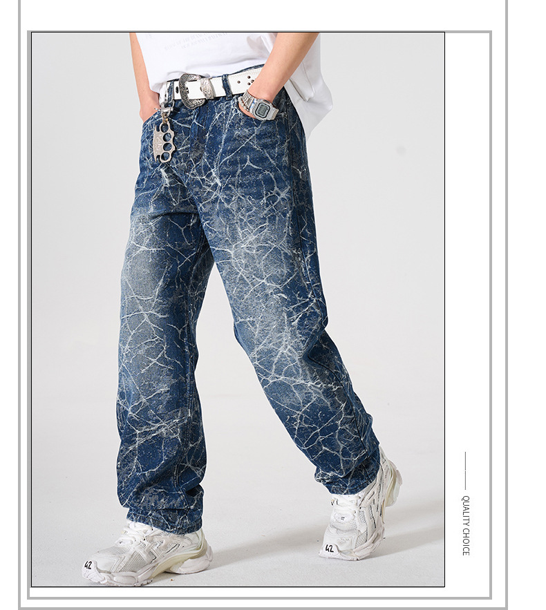 Men's Loose Straight Leg Jeans High Street Lightning Print Retro Cool Wide Leg Trousers For Spring Autumn_mkmklike.com
