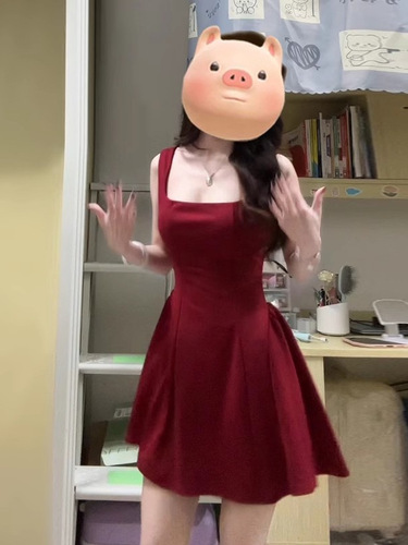 French-style cinched waist halter dress for women, summer red A-line skirt with a sleek, sophisticated design and a high-end vibe.