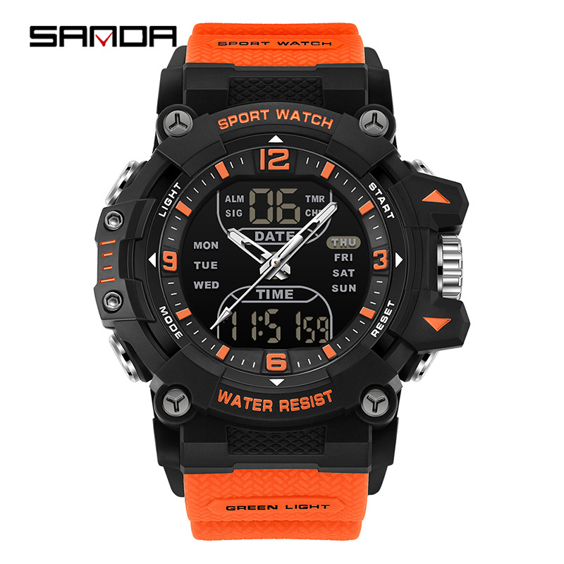 SANAD Sanda Dual Display Deportivo Estudiante Multifuncional Luz Nocturna Tres Destinados Reloj de pulsera Reloj electrónico de segmento impermeable