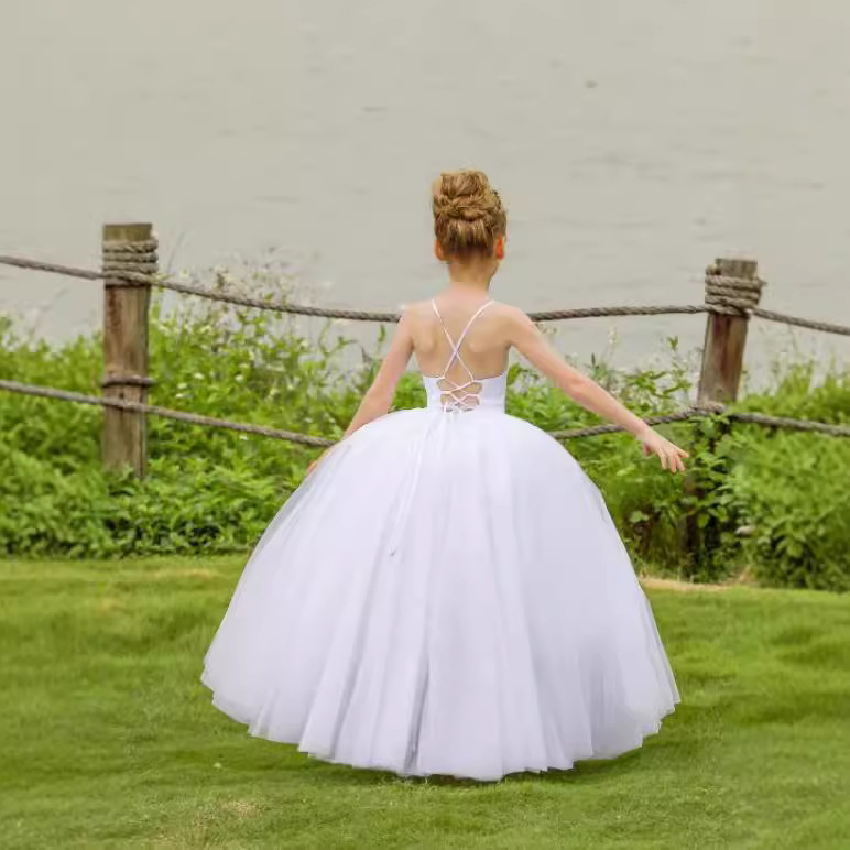 Nuevo vestido de boda infantil europeo y americano de verano transfronterizo de chicas de encaje de cabina de vuelta descubierta vestido de princesa