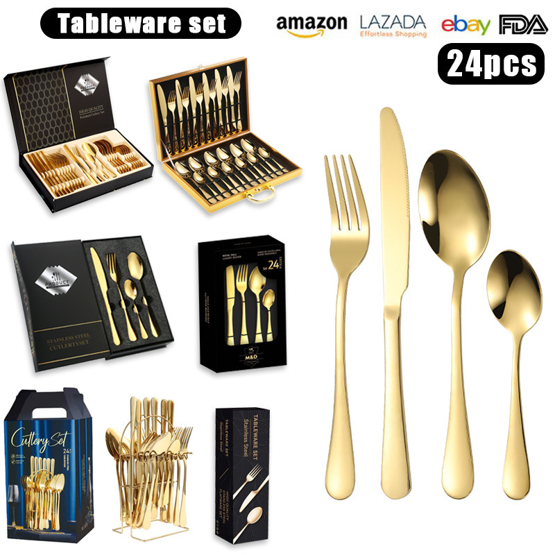 Cross-border Hot Selling Stainless Steel Knife, Fork and Spoon Tableware suit 24-piece Set Gift Box 1010 Western Food Gold Plated Spoon Knife and Fork