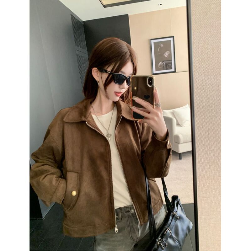 Maillard Short Suede Jacket for Women, Spring & Fall American Retro Lazy Chic, Cool and Sassy Leather Jacket Maillard Short Suede Jacket for Women, Spring & Fall American Retro Lazy Chic, Cool and Sassy Leather Jacket