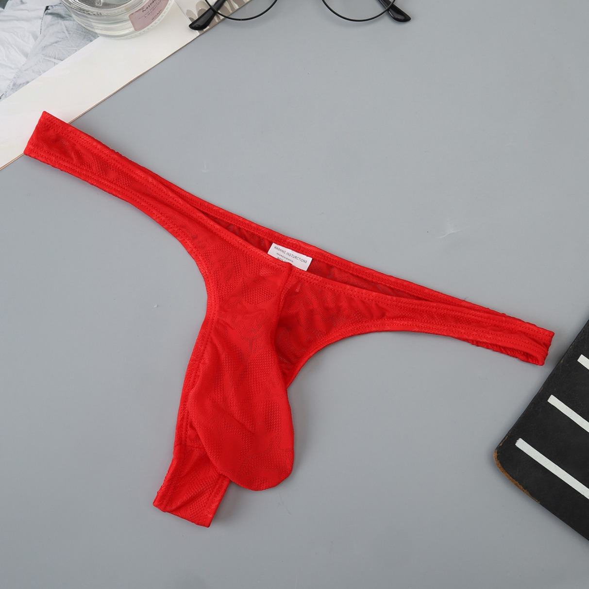 Men's Ice Silk Jacquard Thong Perspective Silky Sexy High Elastic Naked Hooks