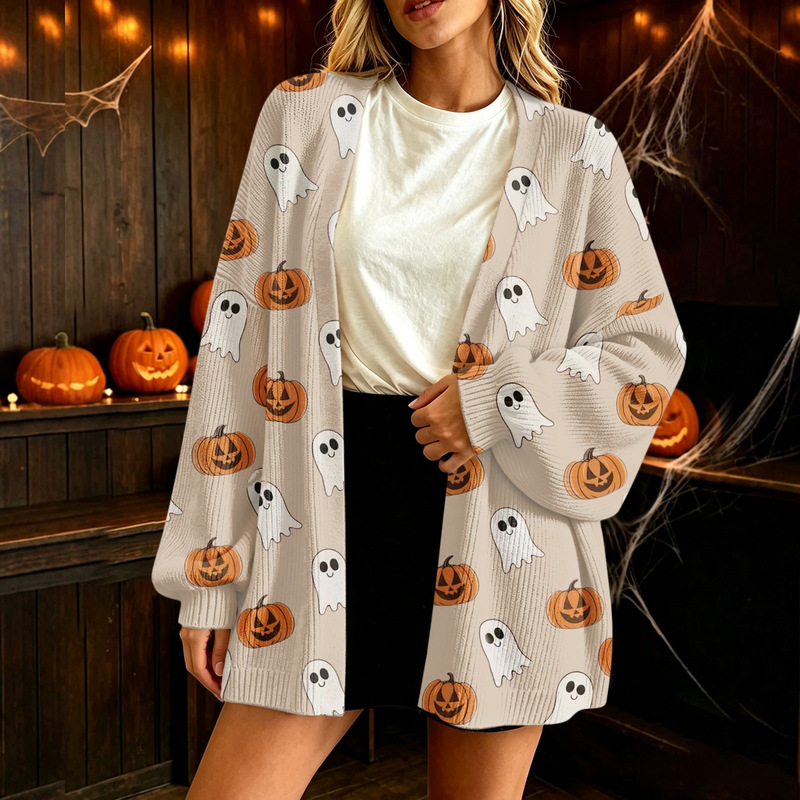Cross-border Amazon Temu Halloween Pattern Cardigan Sweater Digital Print Jacket Women's Autumn Winter Warm Top Cross-border Amazon Temu Halloween Pattern Cardigan Sweater Digital Print Jacket Women's Autumn Winter Warm Top