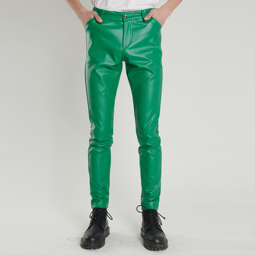 Men's Elastic Fitted Green and Blue Dance Performance Bar Brown Hair Salon Trendy Cool Jeans