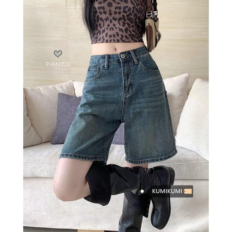 Hong Kong Style Retro Solid Color Denim Shorts for Women, Summer Five-Point Trendy Brand Loose-Fitting Internet Celebrity Pants, Mid-Length Pants for Outdoor Wear in 2026