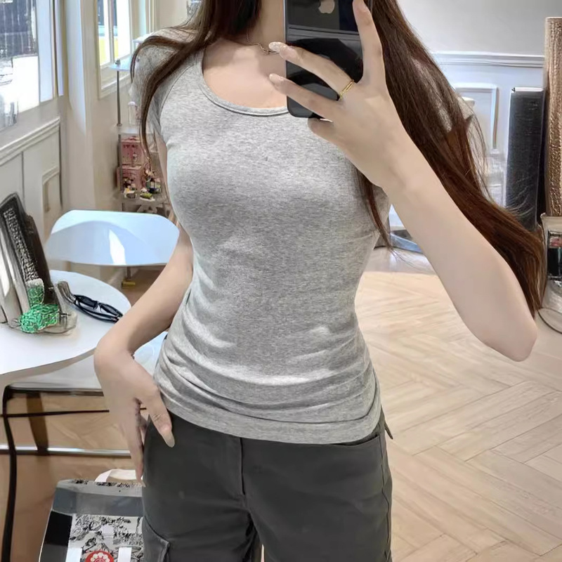 Qq Sugar Same Style Right Shoulder Short-Sleeved U-Neck T-Shirt Women's Summer New Pure Cotton Slim Low Round Neck Basic Versatile Top