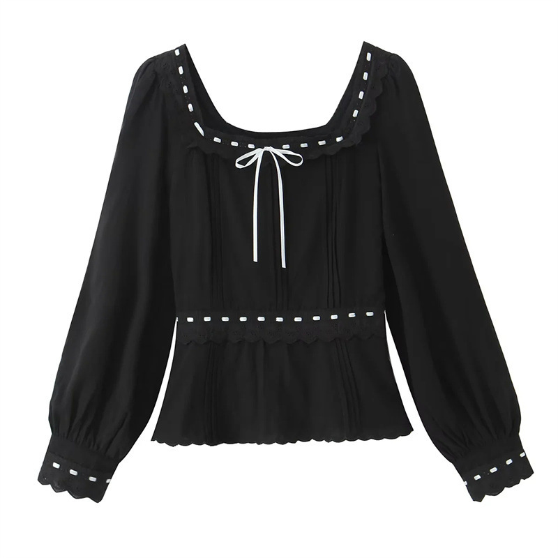 French Gentle Style Contrasting Color String Bows Puff Sleeve Lace Long-Sleeved Shirt Spring Slim Top for Women