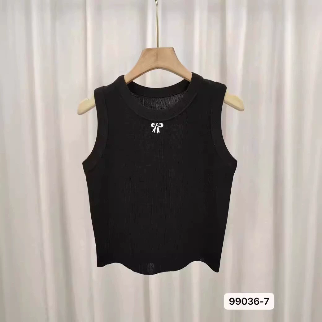 Short sleeveless summer vest, bow embroidery, fashionable cropped design, one size