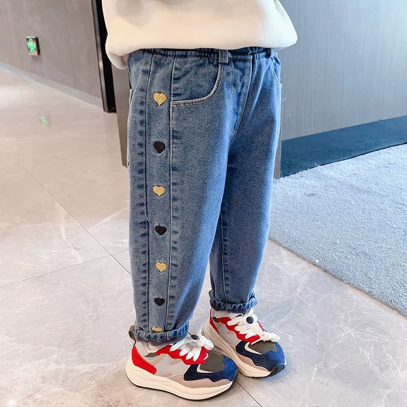 Джинсы для девочек на флисовой подкладке, осень-зима 2024, новые стильные свободные утепленные брюки для малышей