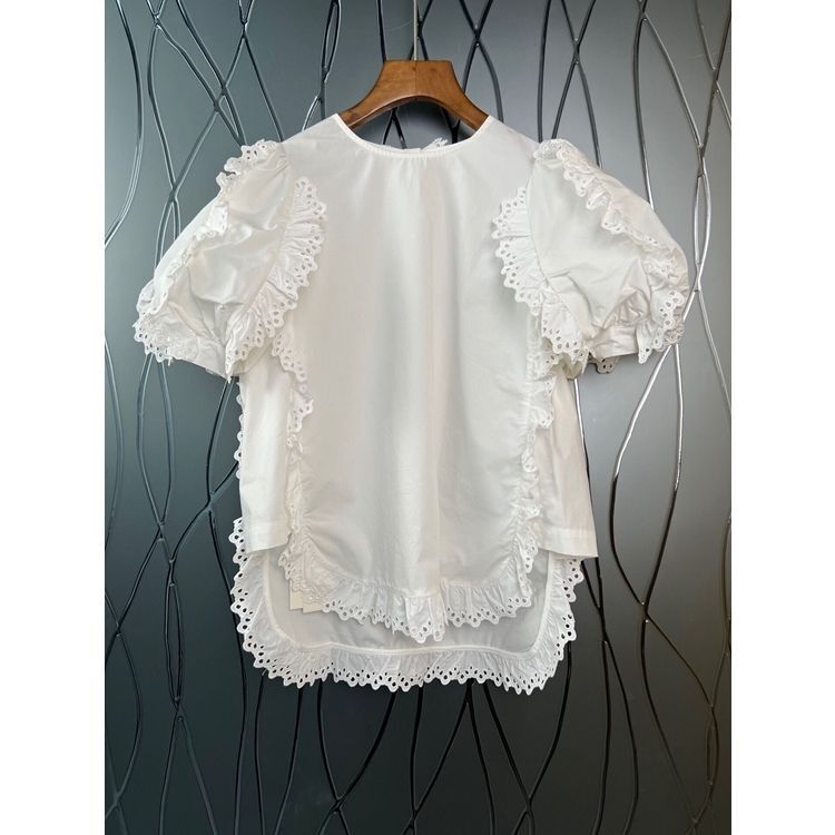 2022 Summer European and American New Women's Three-dimensional Lace Hollow Front Short Back Long Loose Short-sleeved Shirt Top