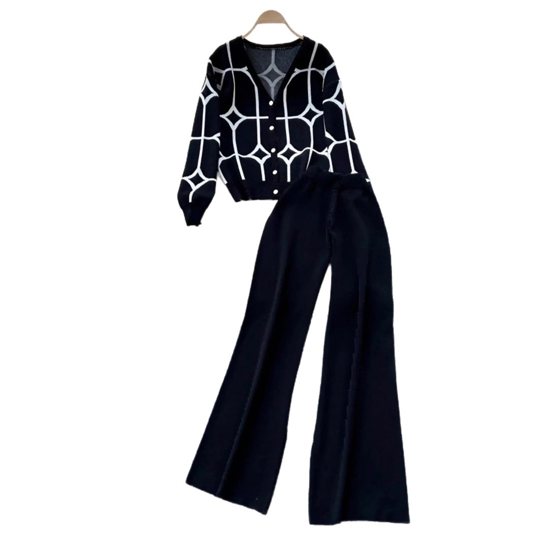 Stilvoller, zweiteiliger Jacquard-Cardigan mit V-Ausschnitt für Damen – ein modisches Modell für Frühling und Herbst._voghion.com