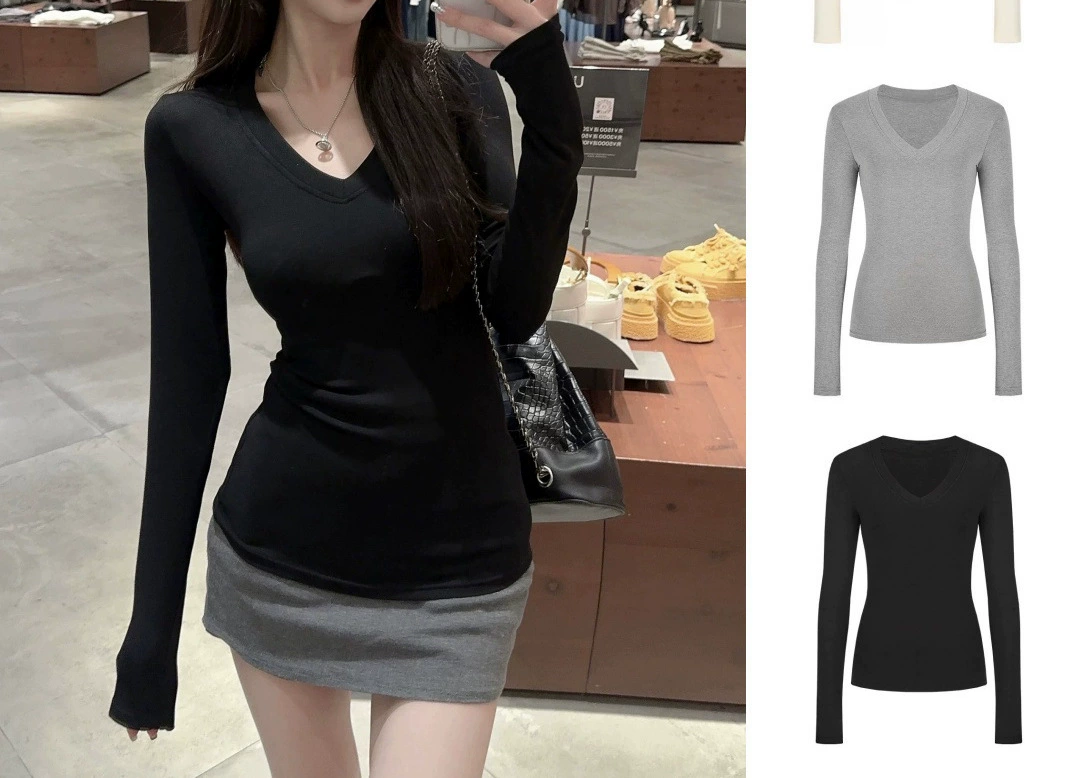 Чистая черная футболка с длинным рукавом V-образным вырезом