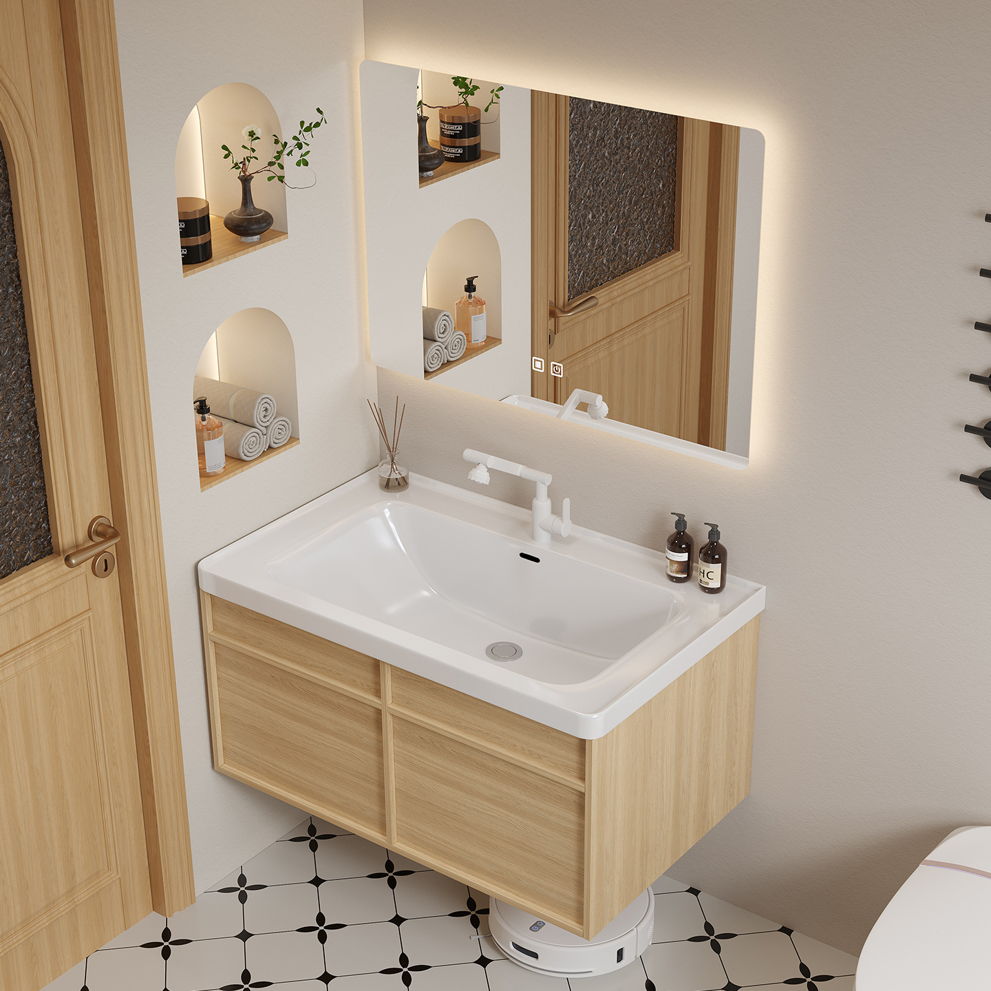 Viento de tronco estilo japonés nuevo lavabo cerámico integral con cajón profundo 18cm multicapa gabinete de baño de madera sólida combinación image 4