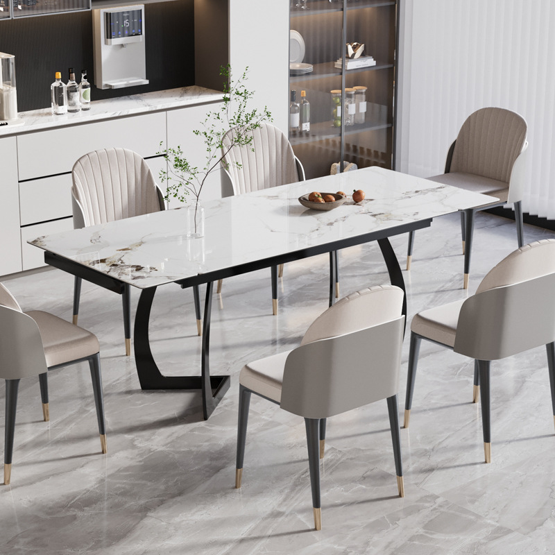 Mesa de comedor de estilo italiano, mesa de comedor doméstica de seda moderna y simple, mesa de comedor de roca retráctil larga y corta