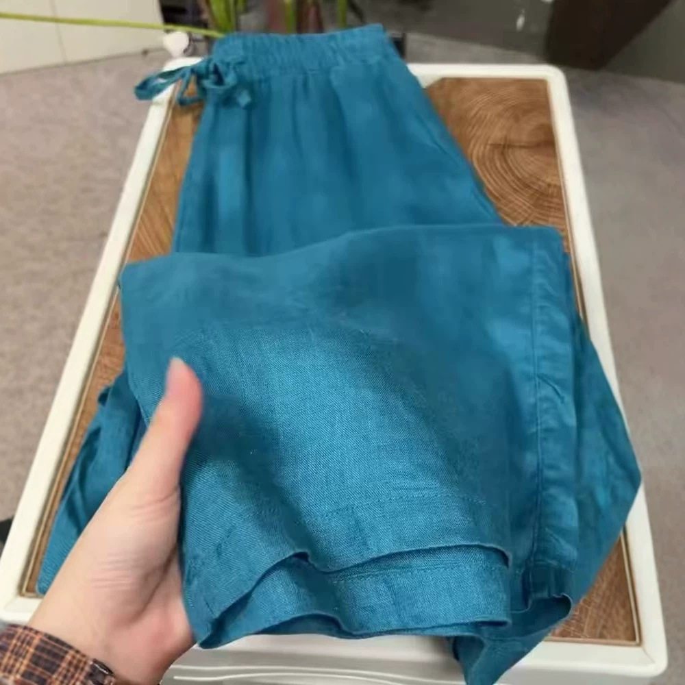 孔雀蓝亚麻阔腿裤女夏季薄款简约百搭宽松高腰显瘦休闲棉麻直筒裤