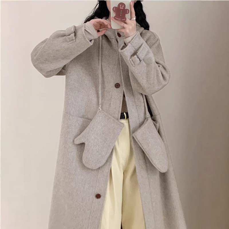 New Thickened Hooded Single-breasted Double-sided Wool Coat with Gloves Mid-length H-version Large Pocket Coat for Women New Thickened Hooded Single-breasted Double-sided Wool Coat with Gloves Mid-length H-version Large Pocket Coat for Women
