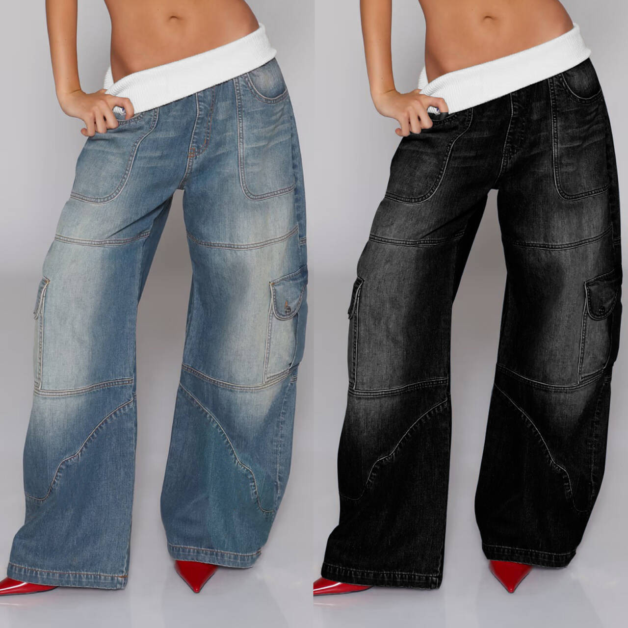 Yl2549 European and American Fashion Splicing Threaded Elastic Waist Loose Straight Washed Street Denim Pants