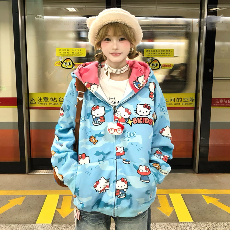 满印卫衣女秋新学院慵懒风设计感可爱加绒加厚宽松连帽开衫外套潮|undefined