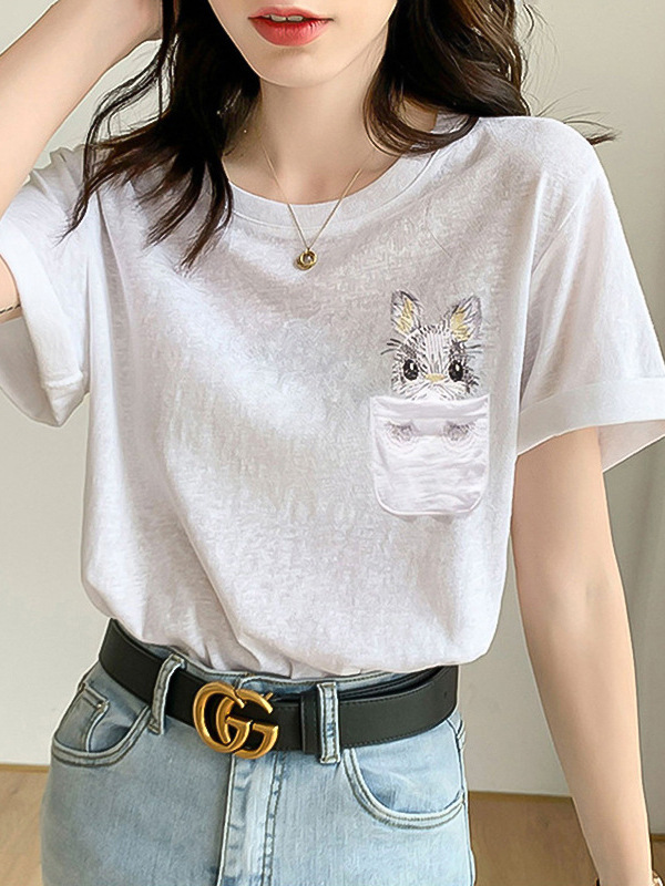 Áo thun nữ cổ tròn tay ngắn họa tiết thêu thỏ dễ thương form rộng — đen
