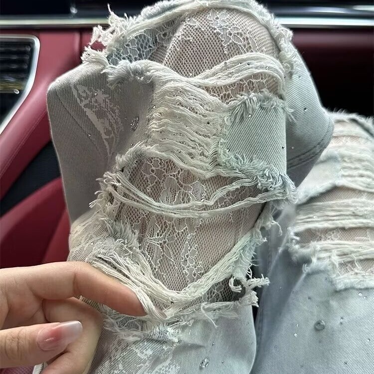 Plus-Size American-Style Light-Colored Lace Ripped Rhinestone Jeans for Women, Summer 2026, Loose Straight Wide-Leg Floor-Length Pants Plus-Size American-Style Light-Colored Lace Ripped Rhinestone Jeans for Women, Summer 2026, Loose Straight Wide-Leg Floor-Length Pants