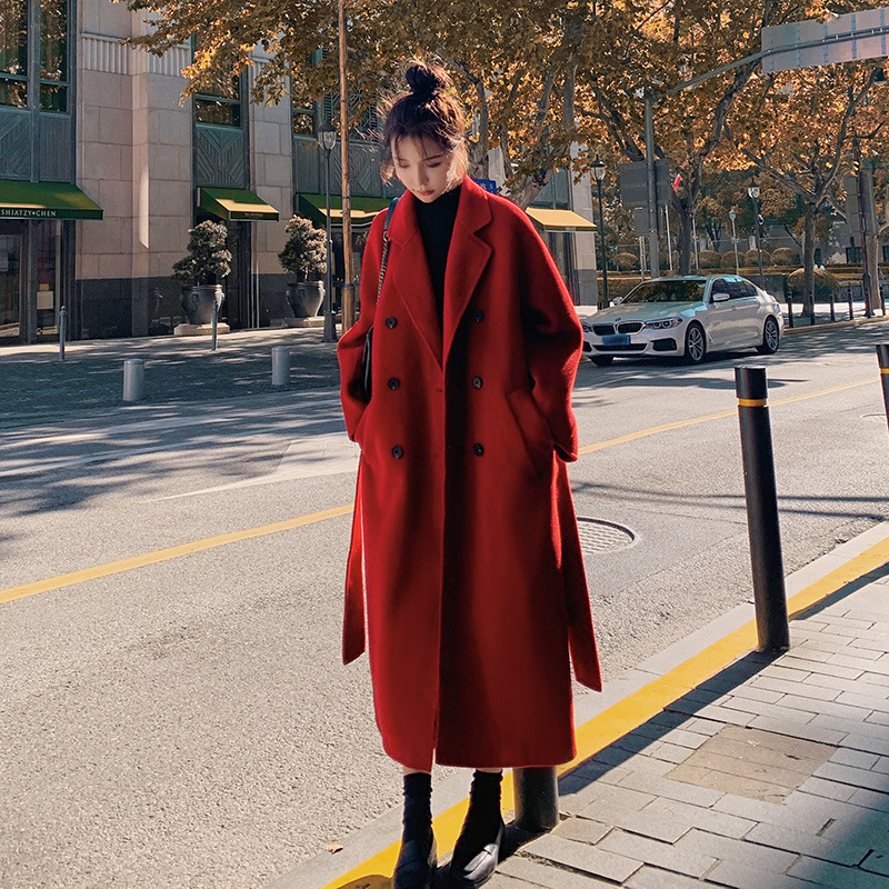 Ankola Red Woolen Coat 여성 가을 및 겨울 중간 길이 누빔안감 2024 새로운 고급 모직 코트