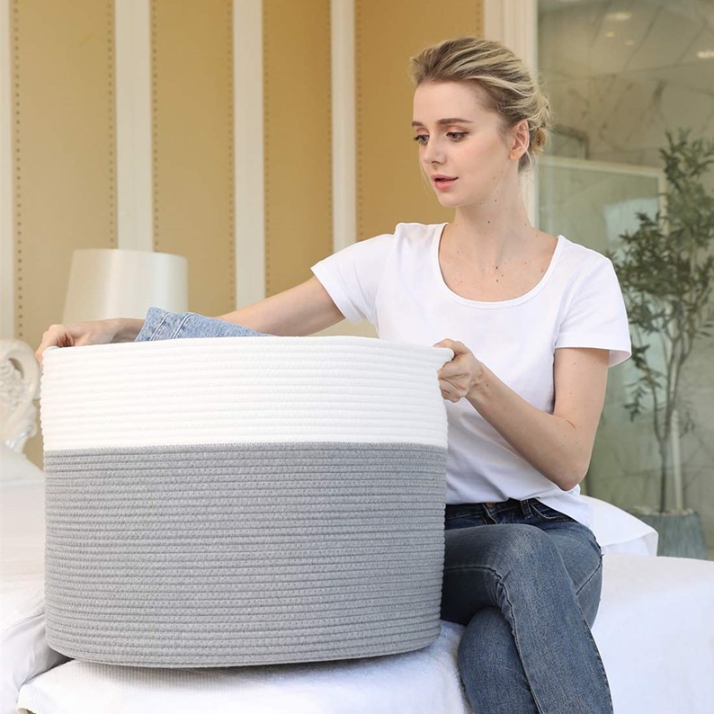 Nuevo en stock de dos colores costura de algodón plegable cuerda cesta ropa misceláneas juguetes portátil cesta tejida cesta de almacenamiento