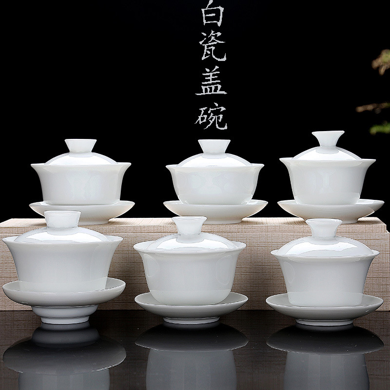 Juego de té de porcelana blanca alta cubierta Tazón LOGO taza de té tres tazón fabricante de té grande y mediano tamaño pequeño tazón de té de porcelana blanca pura cubierta de tazón