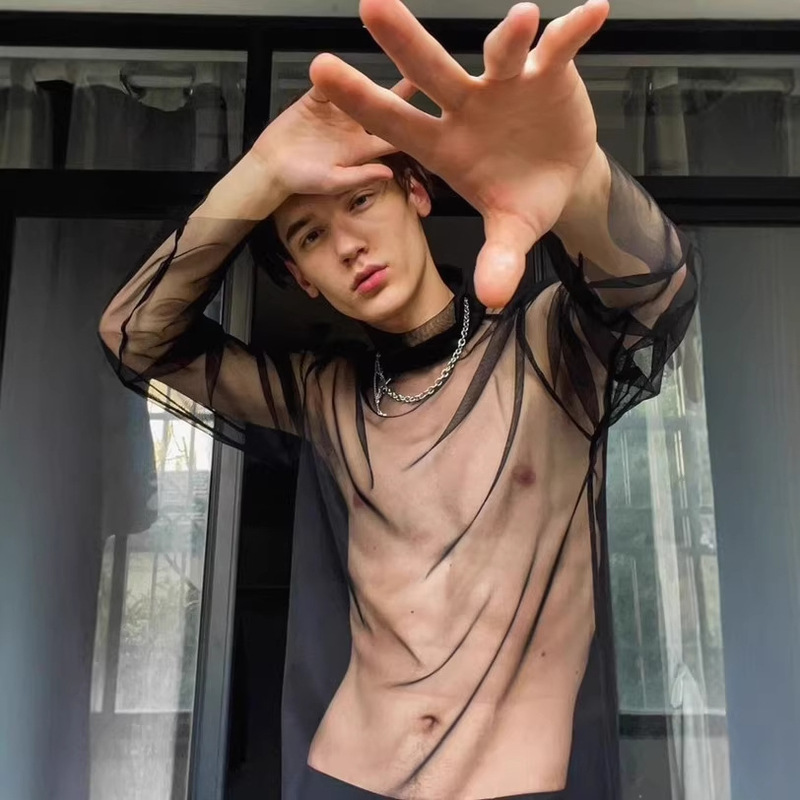 Men's Transparent Sexy Long-Sleeve Mesh T-Shirt with High Collar, Ice Silk Fishnet Hollow-Out See-Through Top, Lace Shirt