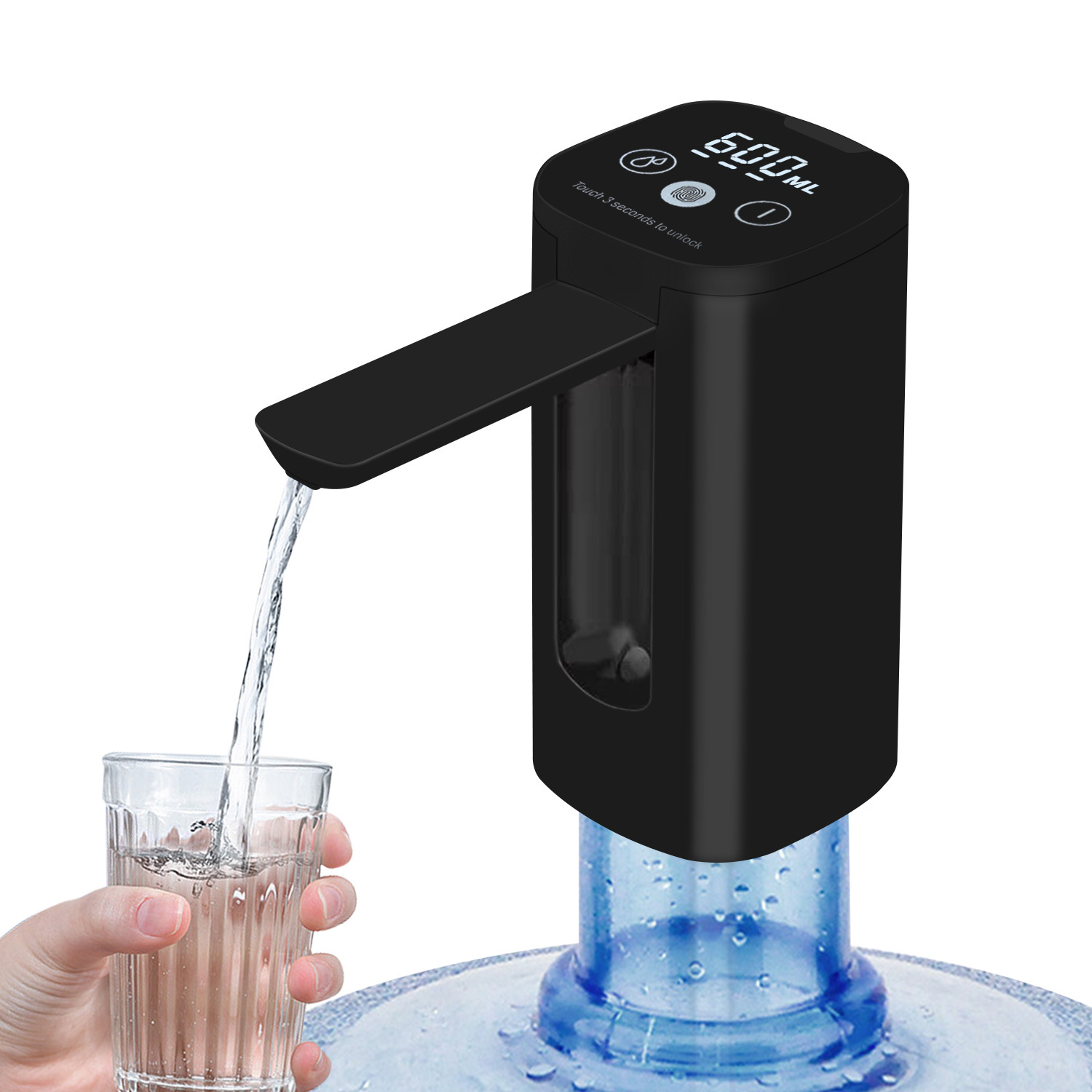 Bloqueo de huellas dactilares pantalla táctil pantalla digital bomba de agua plegable negro