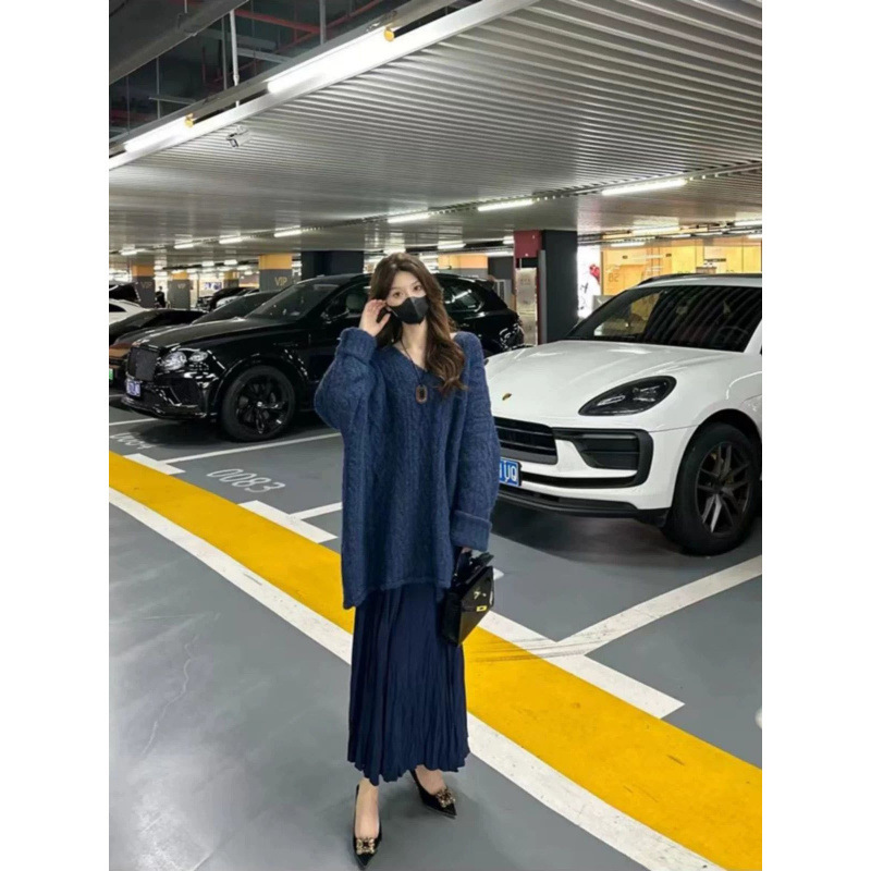 慵懒风v领麻花长袖针织衫女秋季韩系穿搭宽松软糯毛衣中长款上衣|undefined