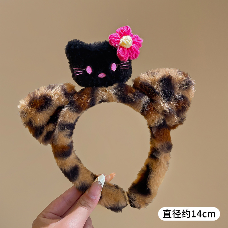 Hermoso leopardo gatito peluche casero lavado de la cara de la niña de la cabeza de la banda de maquillaje máscara de presión de cabello joyas de cabello