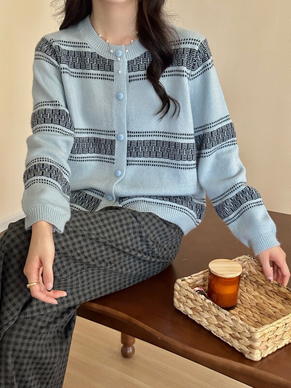 复古条纹提花费尔岛针织开衫女2025秋冬新款韩系甜美百搭毛衣外套|undefined