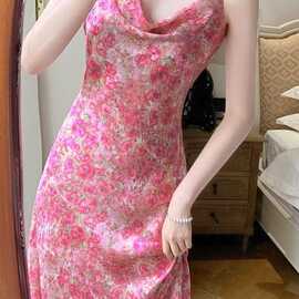 感性感纯欲小香风法式别致绝美显瘦粉色碎花吊带连衣裙女夏季