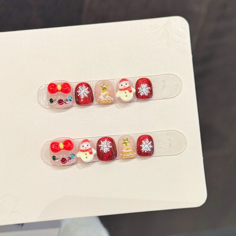 Yihe [Children's Wear Nails] Short Style Nail Art Stickers for Girls Aged 3-10 Cute Christmas Non-Toxic Cartoon Nail Pieces