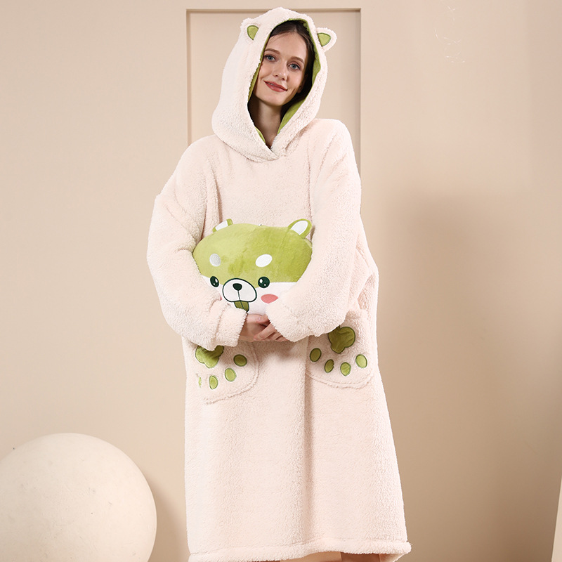 Pillow Pajamas Coral Fleece Pajamas Women's Winter Thickened Men's Home Clothes Fun Food Dog Cartoon Foldable Nightgown