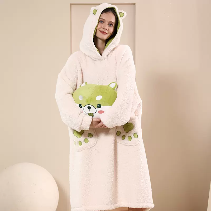 抱枕睡衣珊瑚绒睡衣女冬加厚男居家服趣味菜狗卡通可折叠睡袍