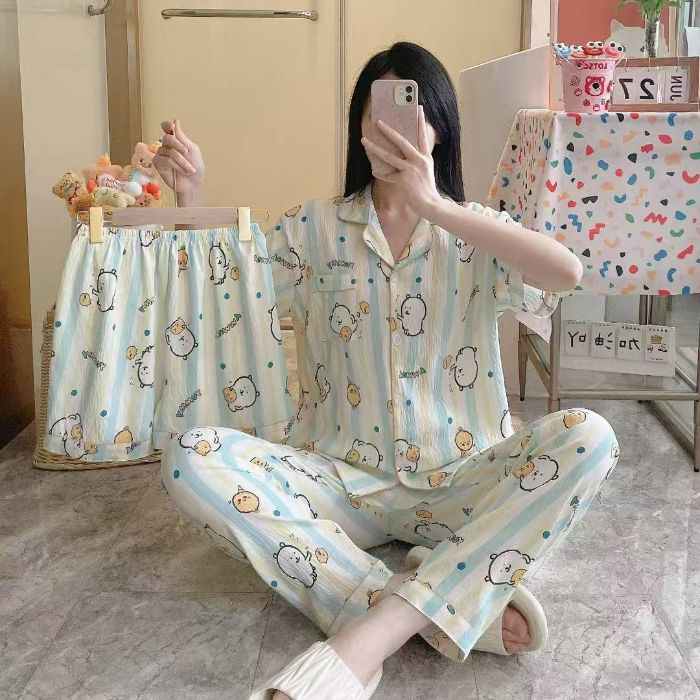 Venta al por mayor transfronteriza 120g pijamas de algodón de nube de verano de manga corta para mujer pantalones cortos de algodón de nube de verano de tres piezas servicio a domicilio de dibujos animados